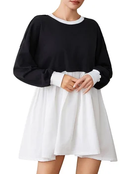 Женское платье-толстовка большого размера в стиле пэчворк, пуловер с круглым вырезом и длинным рукавом, топы, свитшоты, струящееся мини-платье