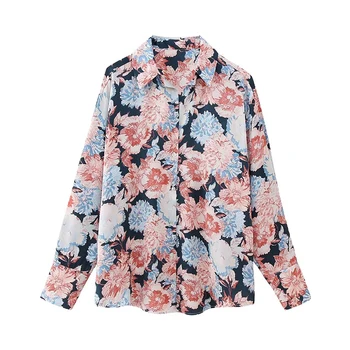 YENKYE 2023 Женская атласная рубашка с воротником-лацканом с длинным рукавом и цветочным принтом, блузка