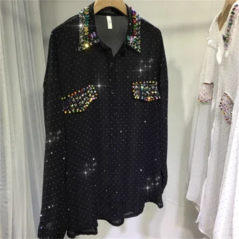 Черно-белая рубашка с бриллиантами, женская легкая летняя солнцезащитная рубашка, шелковые бусины для ногтей, шифоновая блузка