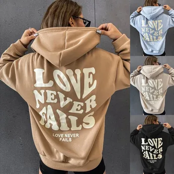Толстовки с надписью Love Never Fails, женская толстовка Y2k цвета Хаки, осенние винтажные Свободные топы в стиле харадзюку Оверсайз, Повседневные пуловеры