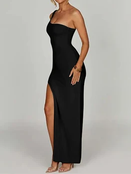 Yoawdats, женское облегающее длинное платье Y2K без рукавов на одно плечо, однотонное вечернее платье с высоким разрезом, коктейльные платья Макси