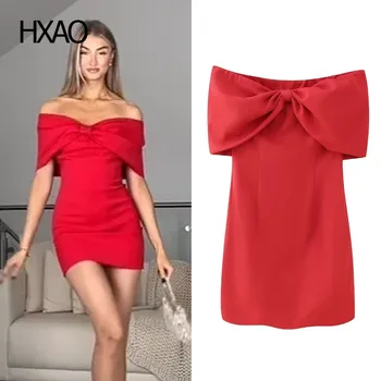 Женские мини-платья HXAO, красные сексуальные короткие платья, вечернее платье с открытыми плечами, Летнее элегантное женское платье с открытой спиной, Новинка в Dresses