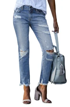 Синие женские джинсы, модные рваные женские джинсовые брюки с высокой талией, осенняя уличная одежда Y2k, брюки-карандаш, повседневная одежда